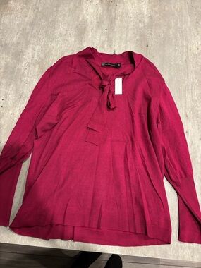 New York & Company Fuchsia Tie-Neck Long Sleeve Pullover Blouse
